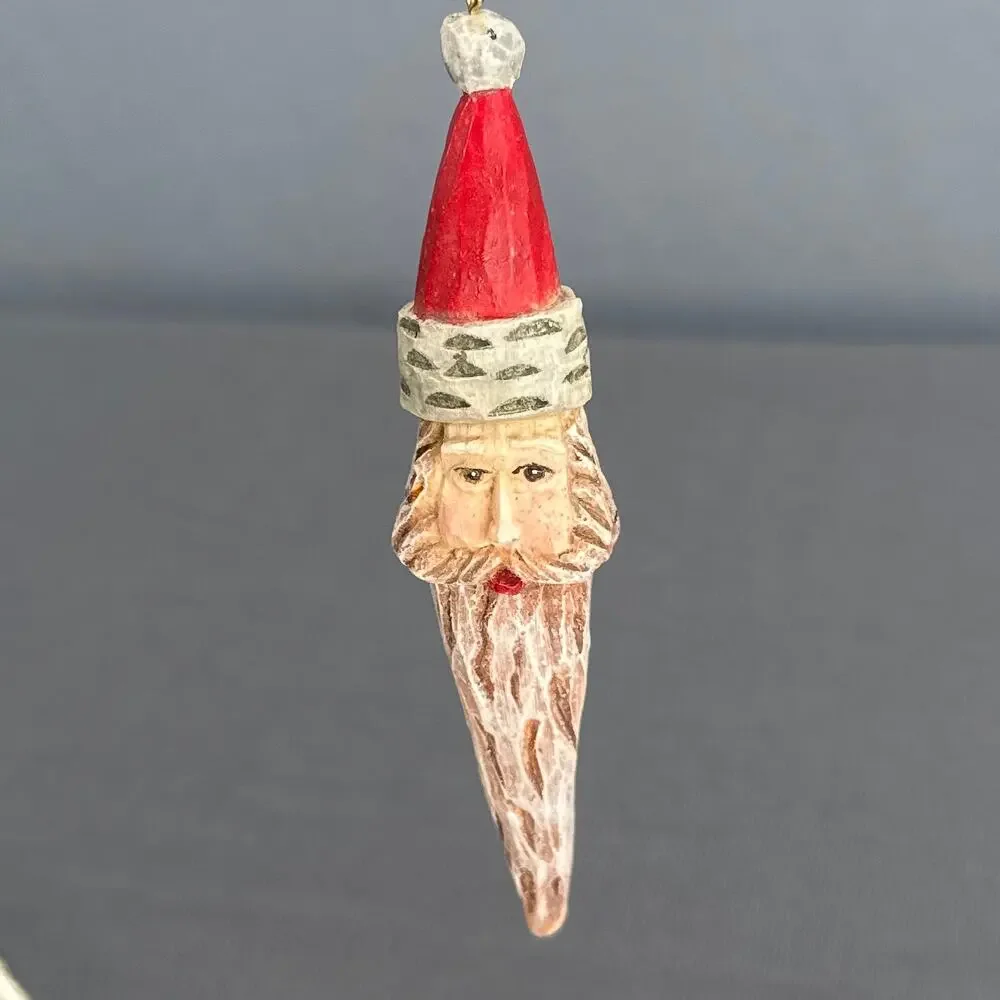 VTG Hand Painted Santa Face Ornament set 3 Red Hat Folk Art Moon Stars Resin 90s